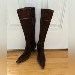 Women’s Genuine Suede Knee High Chocolate Dark Brown Heeled Boots